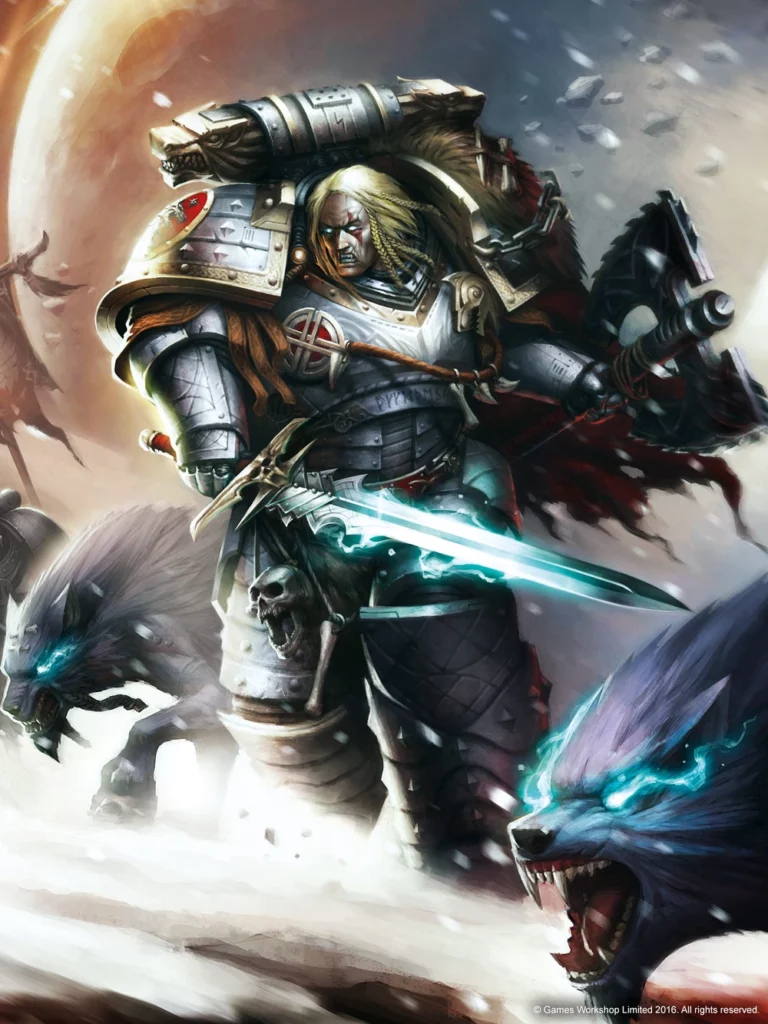 A colour illustration of a very heroic looking Leman Russ with flowing blonde hair, taken from https://warhammer40k.fandom.com/wiki/Leman_Russ