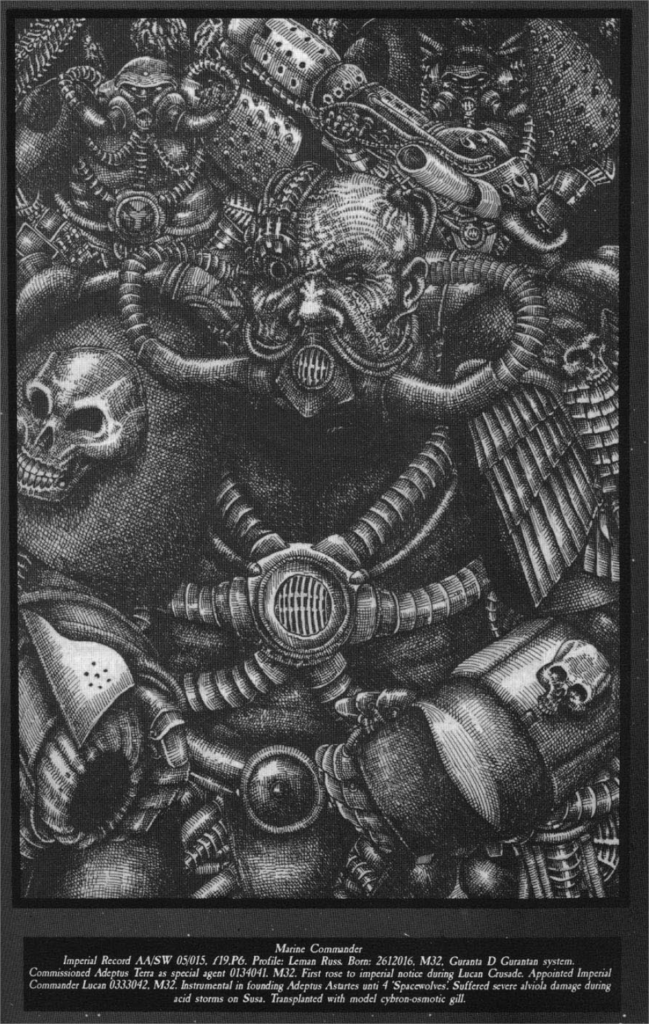 A black and white pencil portrait of "Marine Commander Leman Russ", taken from the first edition Rogue Trader book - his face is warped from scars and cybernetic implants, everything looks distorted and gloomy